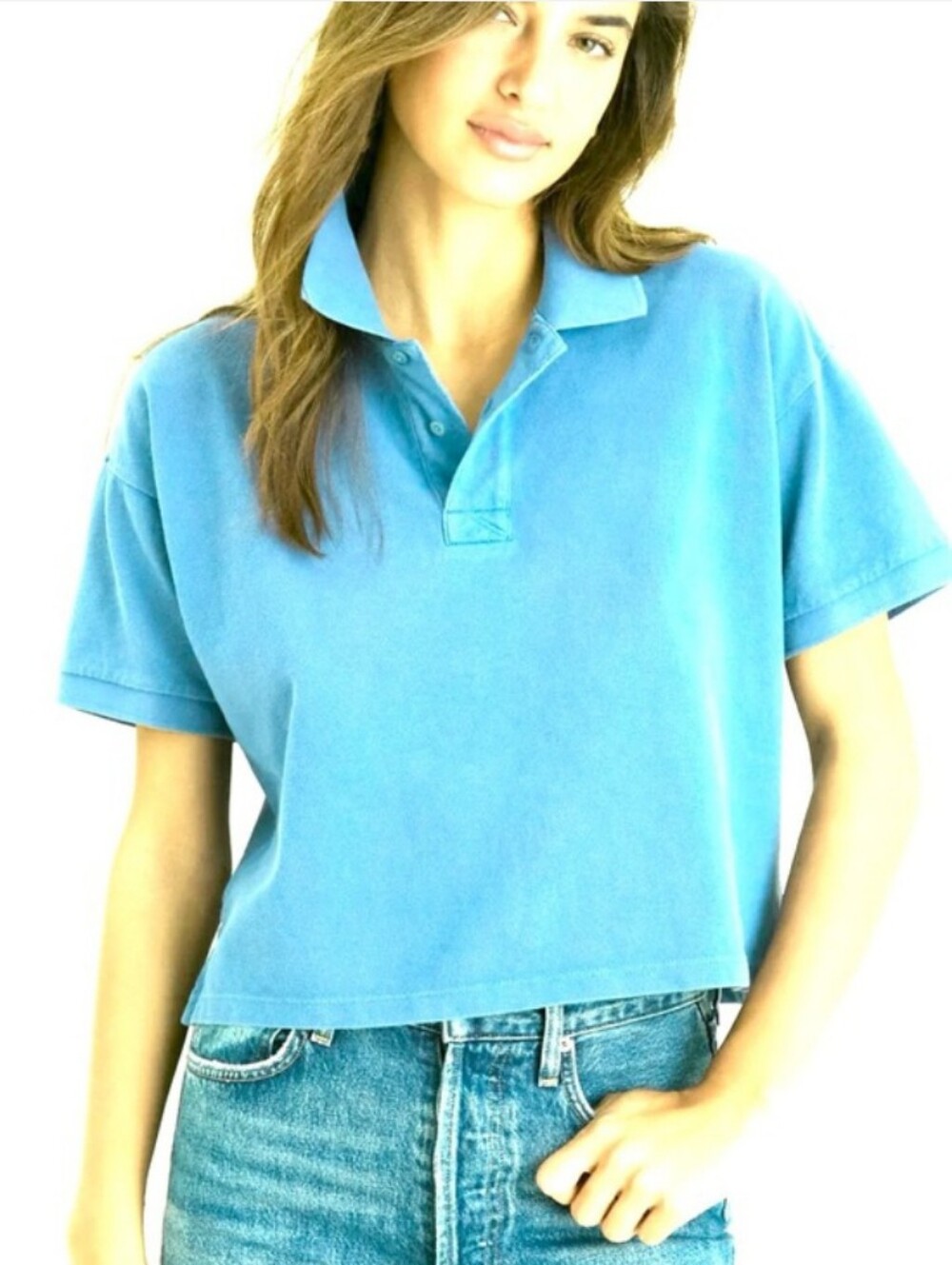 TUCKERNUCK Pique Holmes Boyfriend Cropped Polo Aqua Blue Size Med NWT
